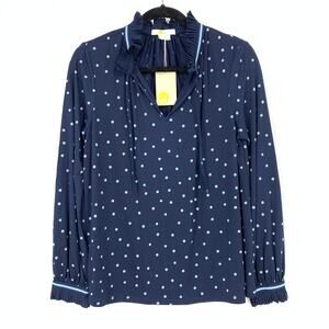 Boden Women's Size 10 Ruffle Tie Neck Polka Dot Blouse Top Navy Long Sleeve NEW